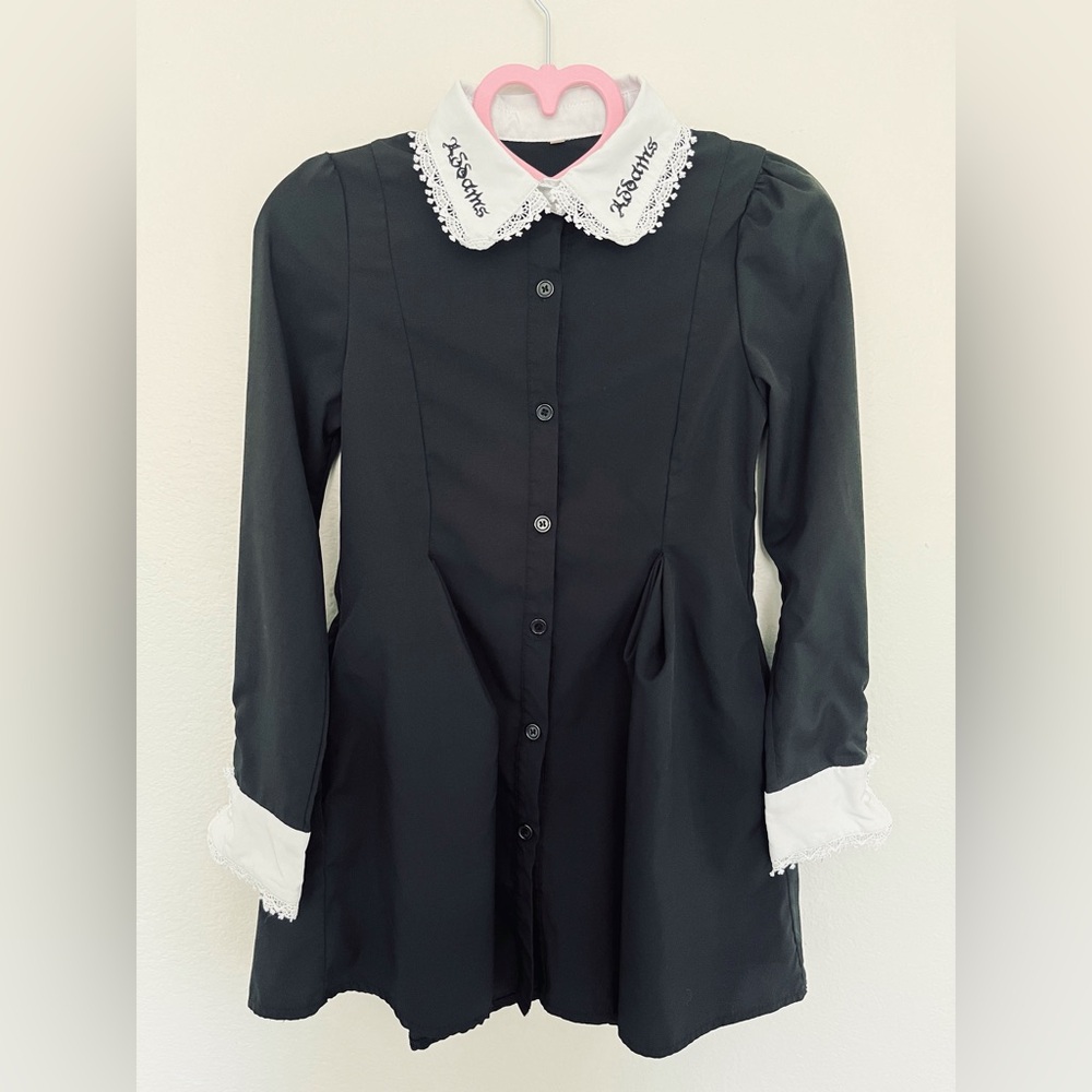 Black Long Sleeve Blouse with White Lace Collar